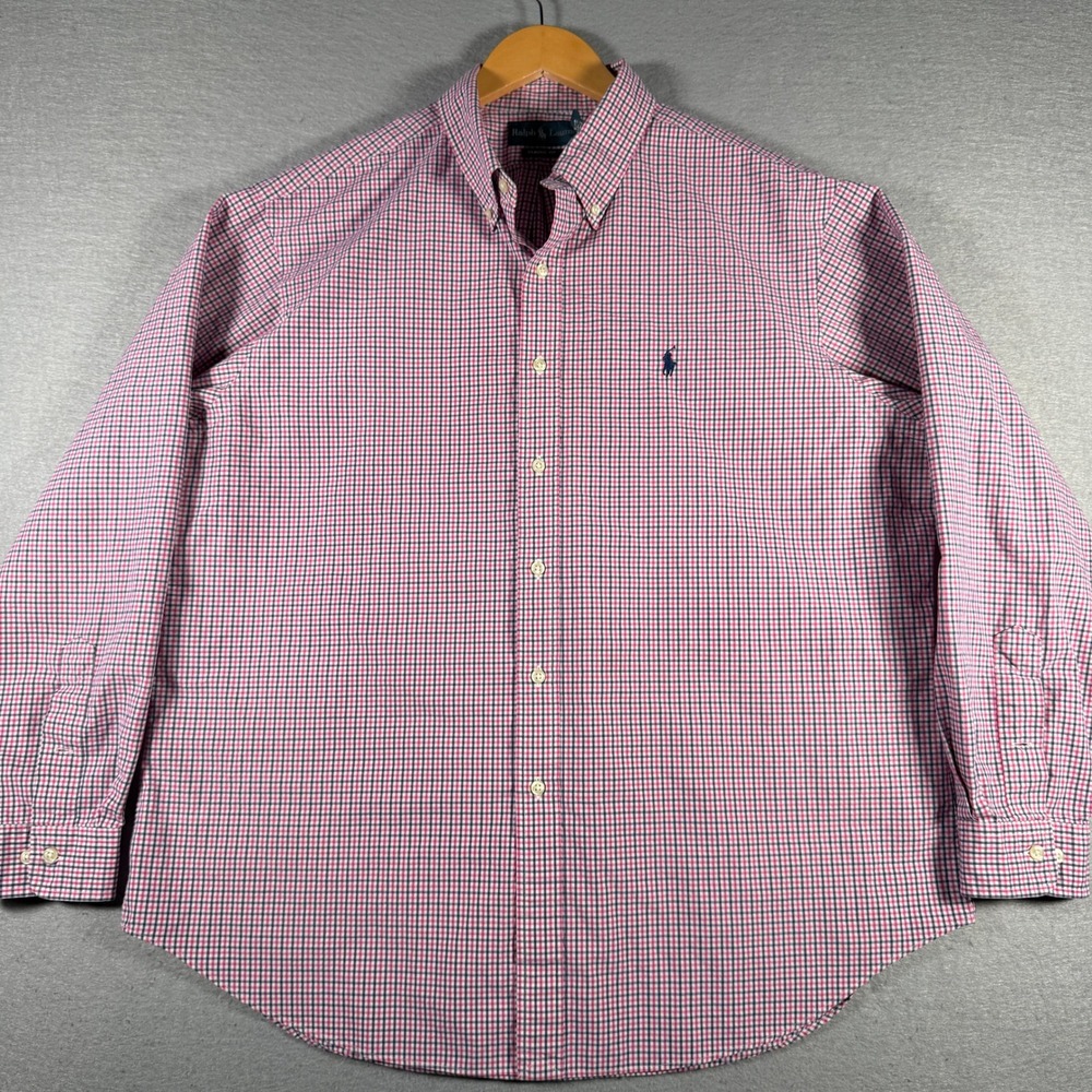 Ralph Lauren Mens Classic Fit Gingham Button Down Shirt Pink Navy 17.5 34/35
